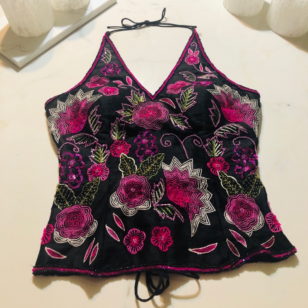 Paris Paris - 100% Silk Beaded Halter w/ Detail!